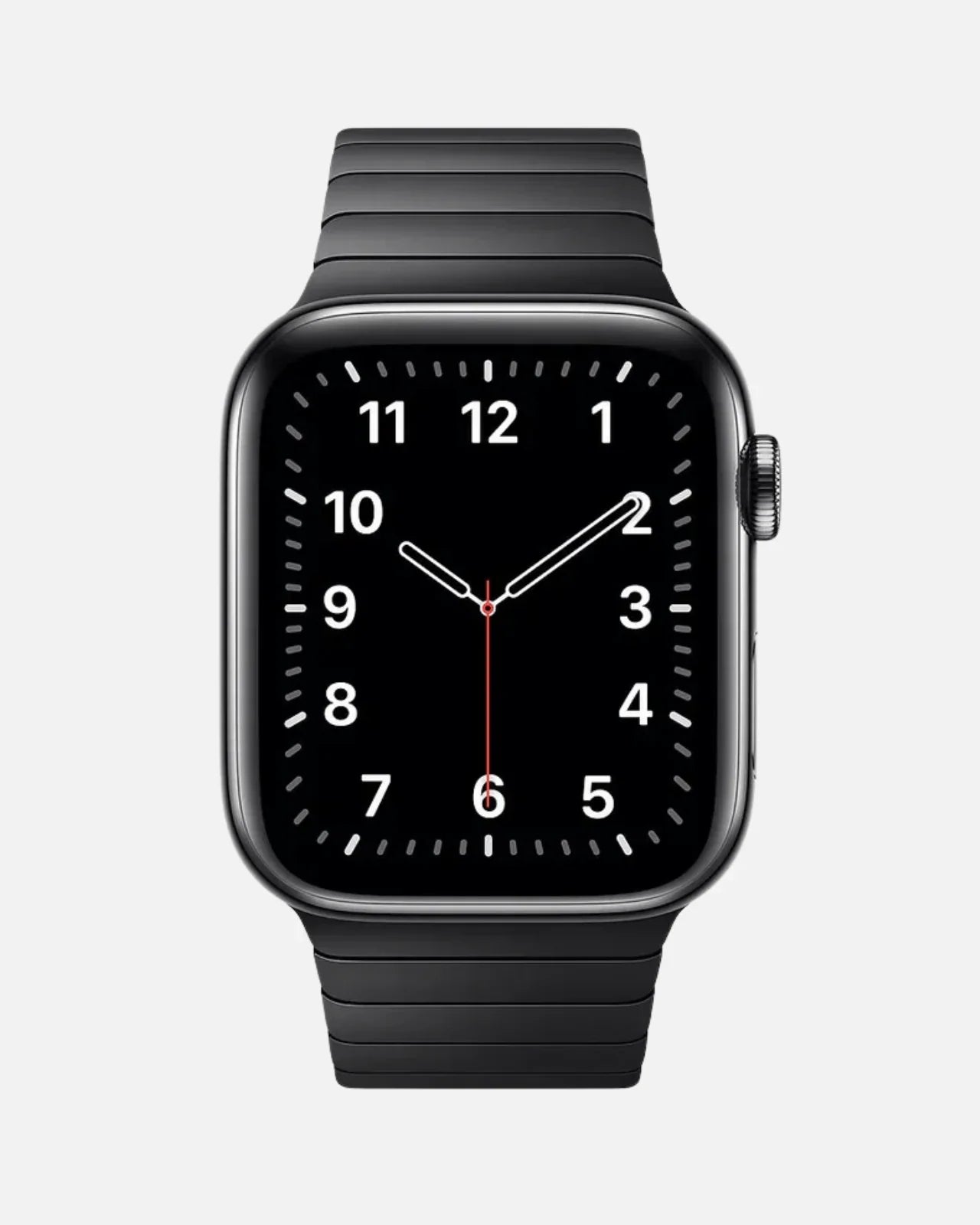 Apple Watch with black strap displaying time in a sleek digital interface, showcasing modern design.